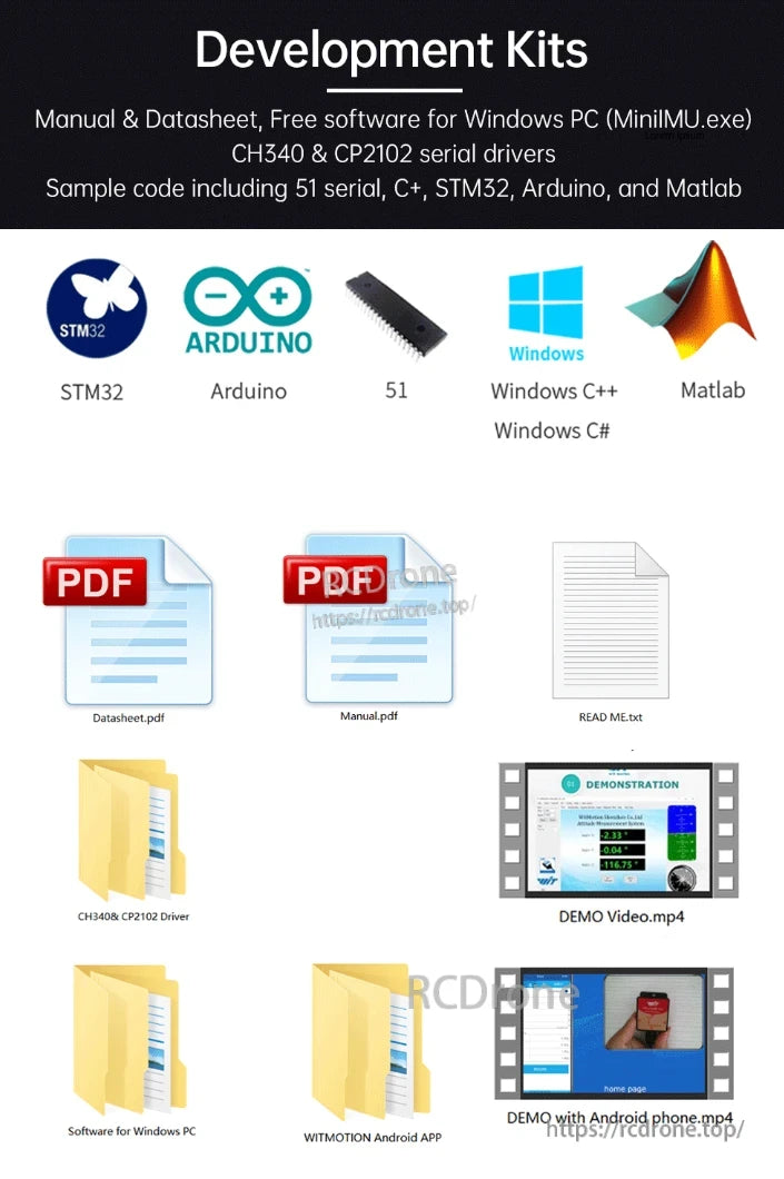 WitMotion HWT905 AHRS, Development Kits come with manuals, datasheets, Windows software, drivers, sample code for STM32, Arduino, C++, Matlab, plus PDFs, demo videos, PC software, and an Android app.