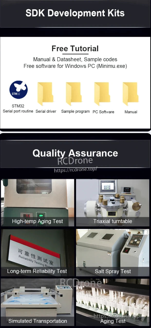 WitMotion HWT9053-485 AHRS Sensor, SDK kits offer free resources like tutorials and sample codes. Quality assurance includes high-temp aging, triaxial testing, salt spray, and reliability tests.