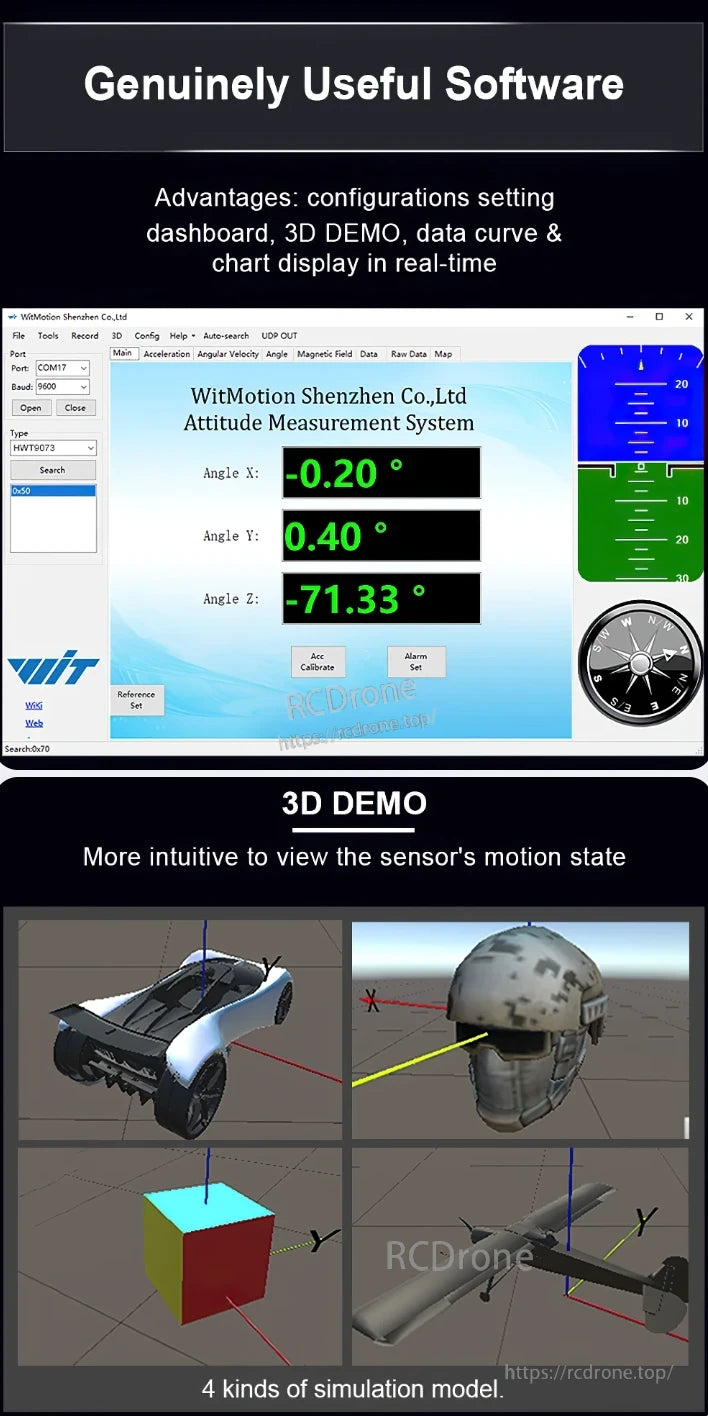 WitMotion HWT9053-485 AHRS Sensor, The AHRS Sensor offers real-time attitude data, 3D models, calibration, alarms, and motion visualization for precise orientation tracking.