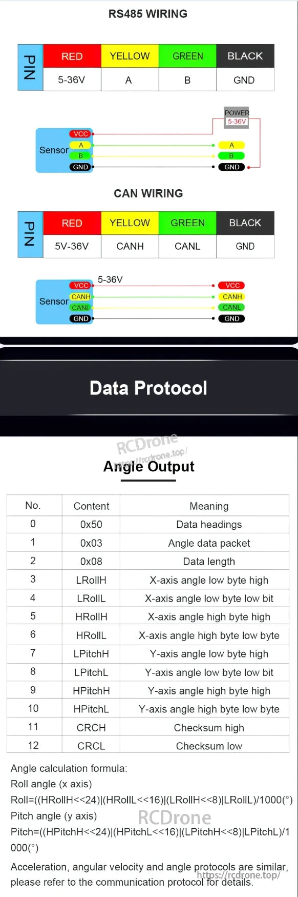 WitMotion HWT9053-485 AHRS Sensor, The HWT9053-485 AHRS sensor includes RS485/CAN wiring diagrams, pin assignments, and data protocols, outputting roll/pitch angles with checksums for accurate communication.