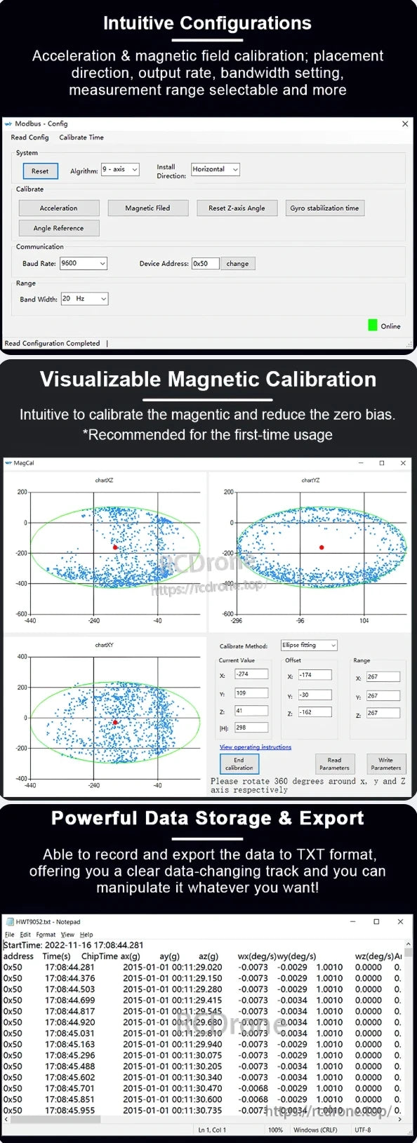 WitMotion HWT9053-485 AHRS Sensor, Intuitive acceleration and magnetic calibration with ellipse fitting, plus data storage in exportable TXT format.