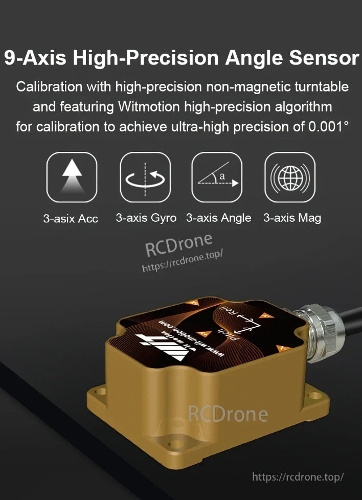 WitMotion HWT9053-485 AHRS Sensor, High-precision 9-axis sensor with 0.001° accuracy using Witmotion algorithm.