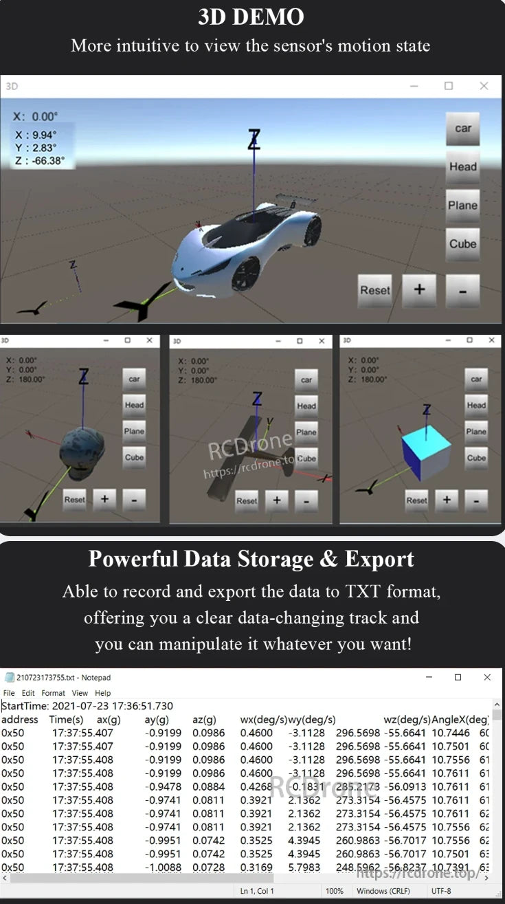 WitMotion HWT906 9-Axis Attitude Angle Sensor, Sensor motion visualized in 3D demo; data saved and exported as TXT for tracking and analysis.