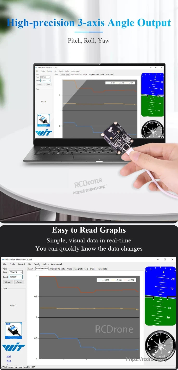 WitMotion HWT906 9-Axis Attitude Angle Sensor, High-precision 3-axis angle output with real-time visual data, graphs, and compatibility with COM23 at 921600 baud.
