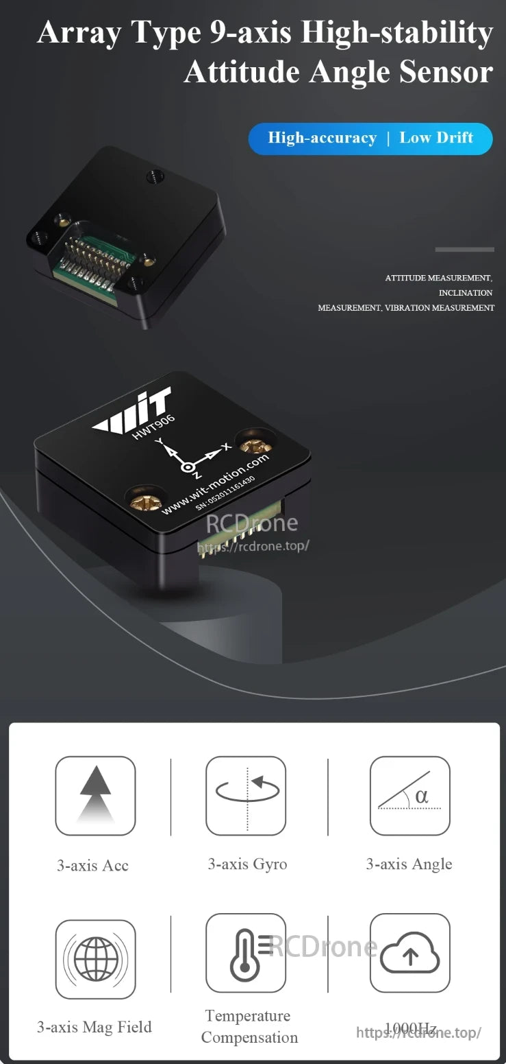 WitMotion HWT906 9-Axis Attitude Angle Sensor, 9-axis sensor for high accuracy and low drift, measures attitude, inclination, vibration, with accelerometer, gyroscope, angle, temperature, and magnetic field sensors.