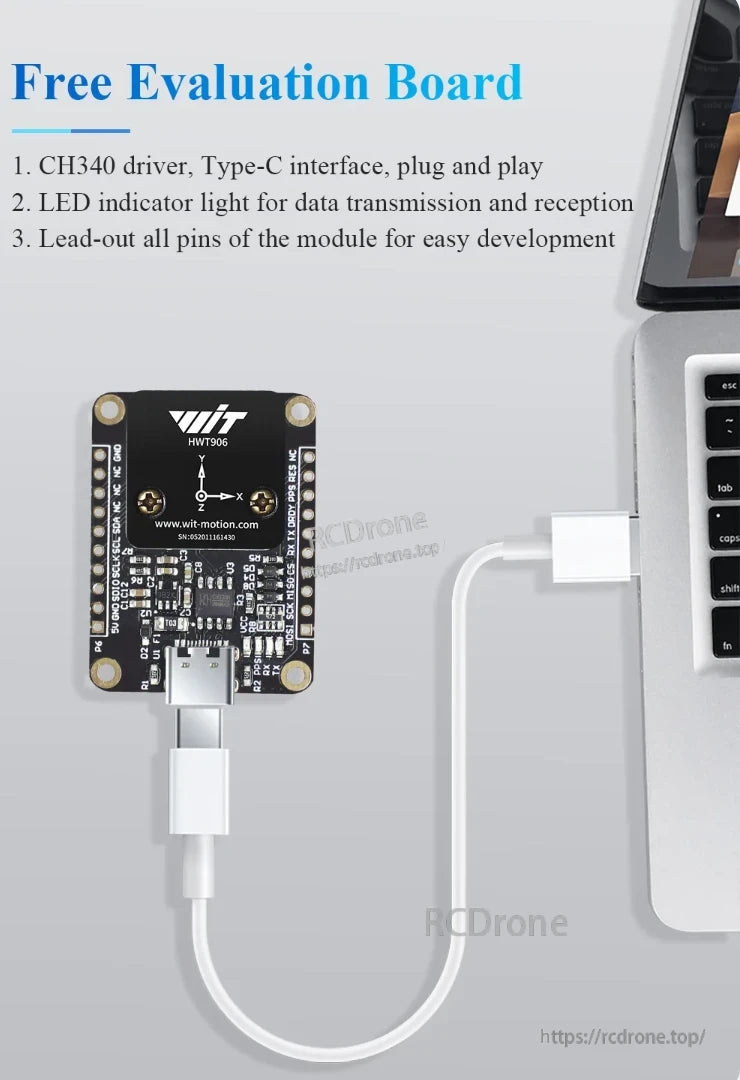 WitMotion HWT906 9-Axis Attitude Angle Sensor, Free evaluation board with CH340 driver, Type-C interface, plug-and-play functionality. LED indicates data transmission. All module pins are accessible for easy development.