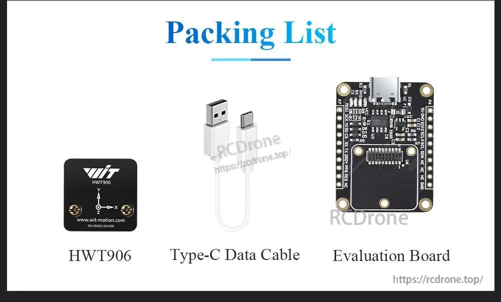 WitMotion HWT906 9-Axis Attitude Angle Sensor, The HWT906 9-axis sensor includes accelerometer, gyroscope, compass, temperature compensation, 1000 Hz output, with Type-C cable and evaluation board.