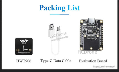 WitMotion HWT906 9-Axis Attitude Angle Sensor, The HWT906 9-axis sensor includes accelerometer, gyroscope, compass, temperature compensation, 1000 Hz output, with Type-C cable and evaluation board.