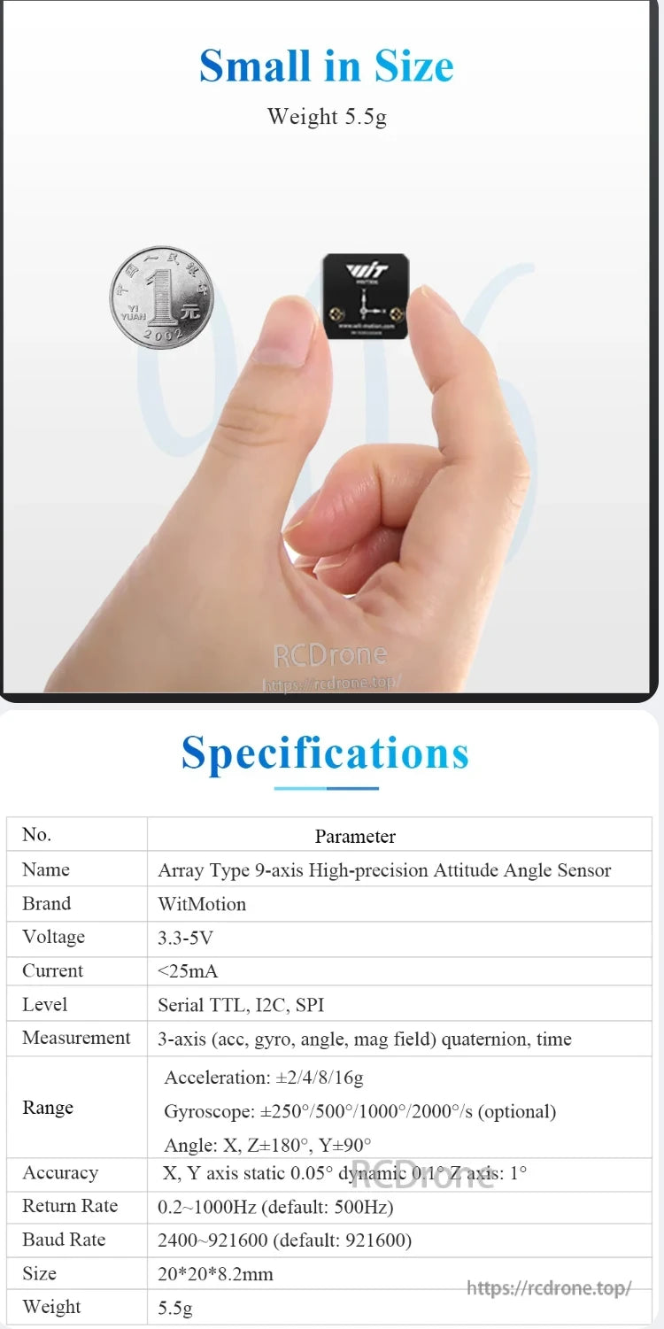 WitMotion HWT906 9-Axis Attitude Angle Sensor, WitMotion's compact 9-axis sensor weighs 5.5g, supports 3.3-5V, <25mA, offers TTL, I2C, SPI interfaces, measures acceleration, gyro, angle, magnetic field, quaternion, time. Dimensions: 20×20×8.2mm.
