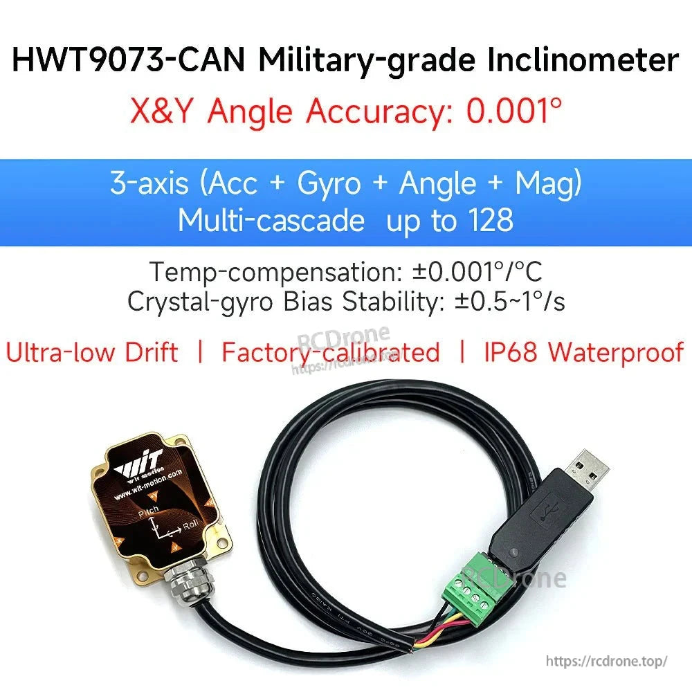 HWT9073-CAN: High-precision inclinometer with 0.001° accuracy, 3-axis sensor fusion, temperature compensation, low drift, IP68 rated, factory-calibrated, supports multi-cascade up to 128.