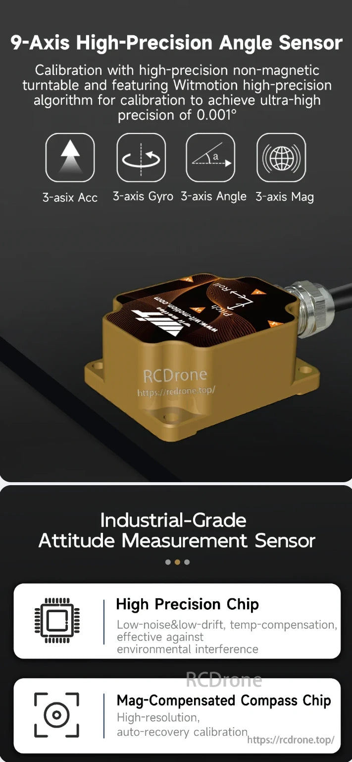 WitMotion HWT9073 9-Axis Accelerometer, High-precision 9-axis sensor with 0.001° accuracy, offering 3-axis Acc, Gyro, Angle, and Mag. Industrial-grade, low-noise, drift-resistant, and environmentally robust attitude measurement.