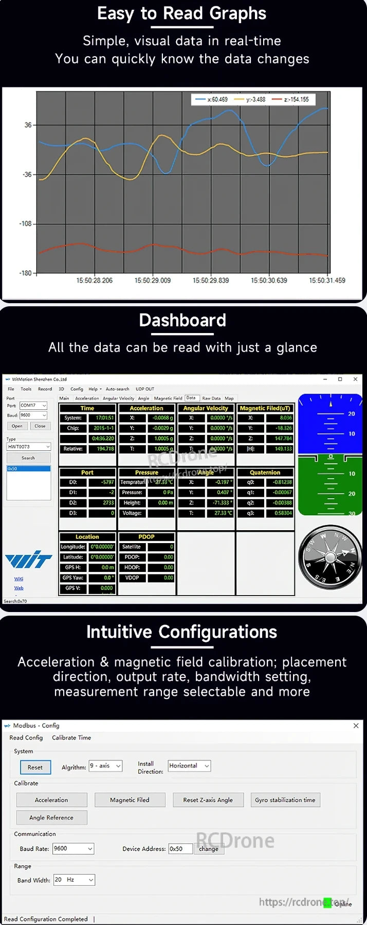 WitMotion HWT9073 9-Axis Accelerometer, The WitMotion HWT9073 9-axis sensor provides real-time data visualization with acceleration, angular velocity, magnetic field, and GPS data, featuring calibration, configuration, and easy-to-read graphs for instant insights.