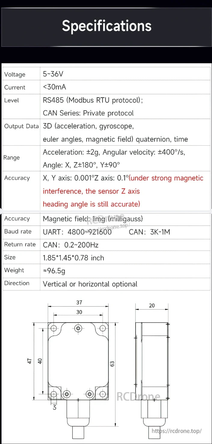 WitMotion HWT9073 9-Axis Accelerometer, The WitMotion HWT9073 9-axis sensor works on 5-36V, uses <30mA, features RS485/CAN, 3D output, high accuracy (0.001° X/Y, 0.1° Z), compact size, and supports vertical/horizontal mounting.