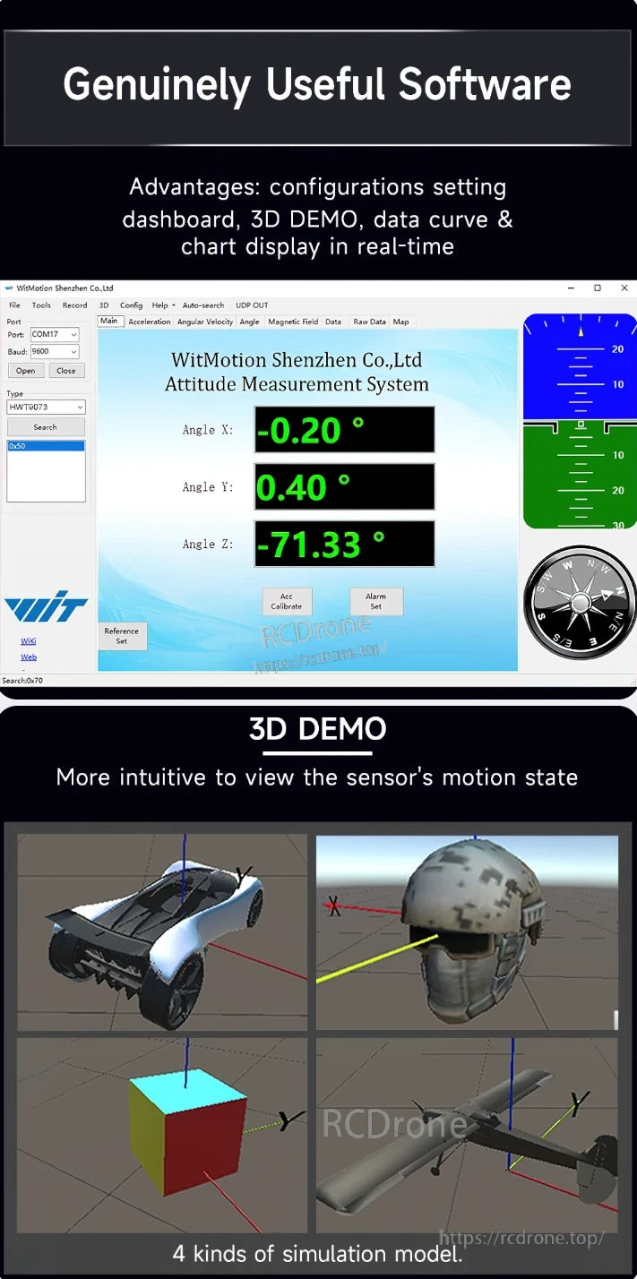 The WitMotion HWT9073 9-axis accelerometer software provides real-time attitude measurement, 3D visualization, data display, calibration, alarms, and four simulation models for motion monitoring.