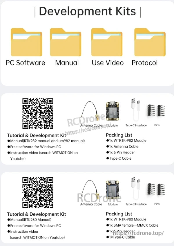 WitMotion RTK GNSS/INS Module UM982 / UM980, Development kits include software, manuals, videos, and protocols. They feature RTK modules, antenna cables, USB-C, pins, and headers. Free Windows software and YouTube tutorials are provided.