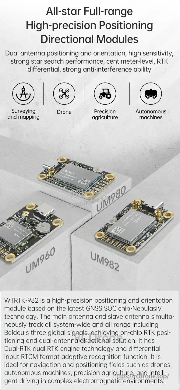 WitMotion RTK GNSS/INS Module UM982 / UM980, High-precision RTK GNSS/INS modules UM982, UM980, and UM960 provide dual-antenna positioning, centimeter accuracy, and strong anti-interference for drones, autonomous machines, agriculture, and surveying.