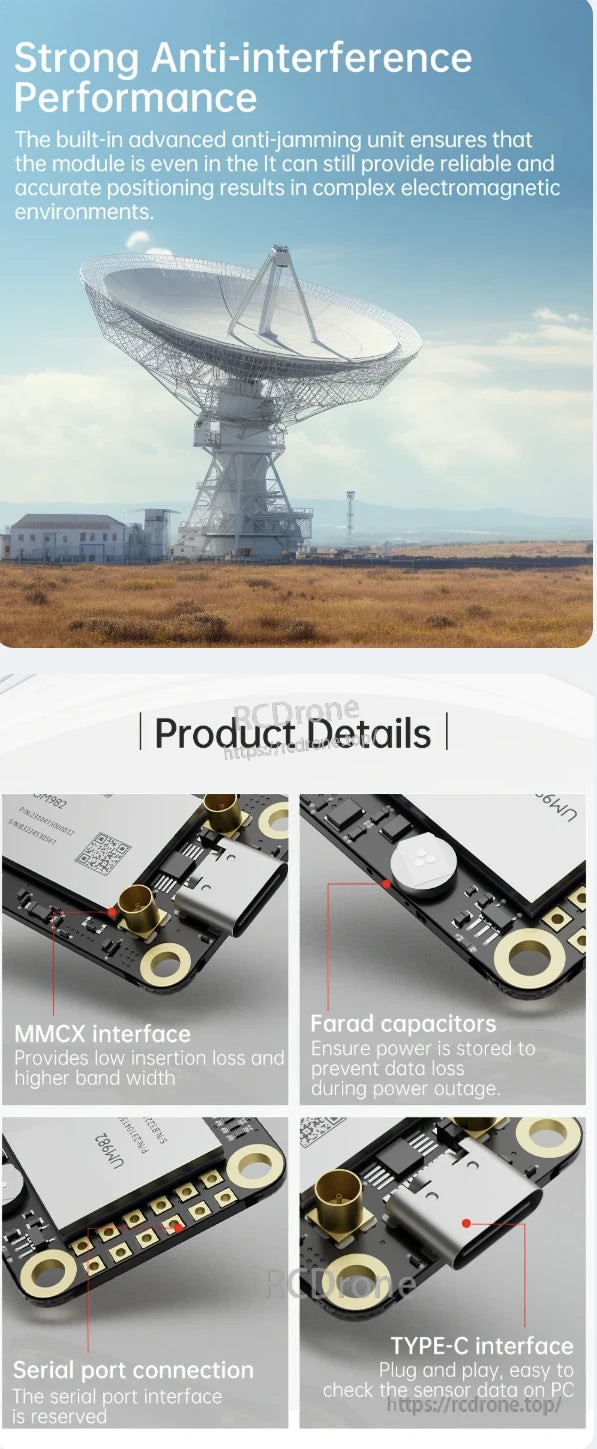 WitMotion RTK GNSS/INS Module UM982 / UM980, Advanced anti-jamming unit ensures strong anti-interference performance. Features MMCX interface, Farad capacitors, serial port, and TYPE-C for reliable positioning in complex environments.