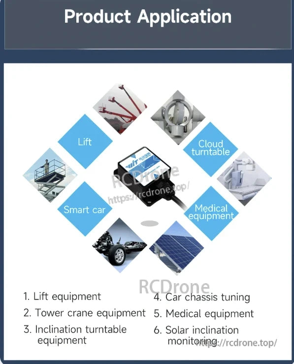 WitMotion SINDT Inclinometer is utilized in lifts, cranes, turntables, smart cars, medical, and solar monitoring applications.