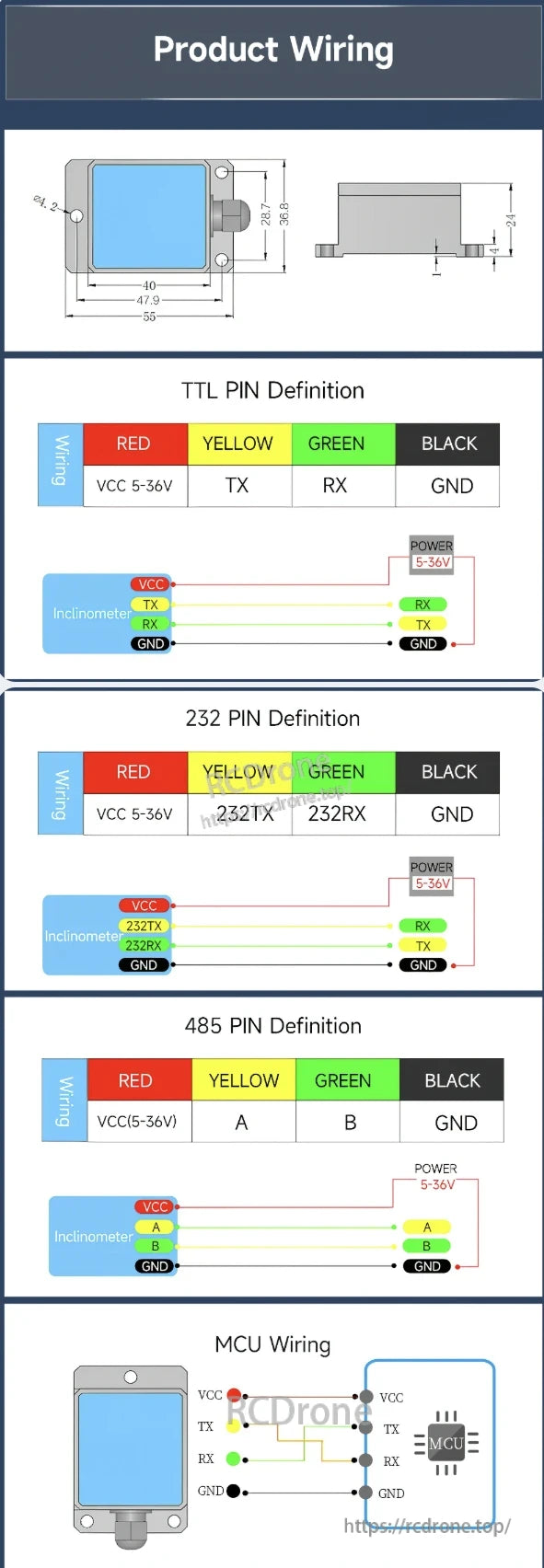 The WitMotion SINDT inclinometer wiring diagram details connections for TTL, 232, 485, and MCU interfaces, using color-coded wires (red, yellow, green, black) for VCC, TX, RX, GND, A, B, with a power range of 5-36V.
