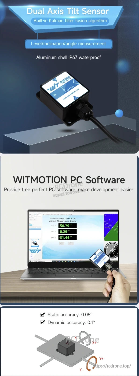 WitMotion SINDT Inclinometer, Dual-axis tilt sensor with Kalman filter, aluminum shell, IP67 rating. Offers 0.05° static and 0.1° dynamic accuracy. Includes free WITMOTION software for easy development. Ideal for precise angular monitoring in multiple applications.