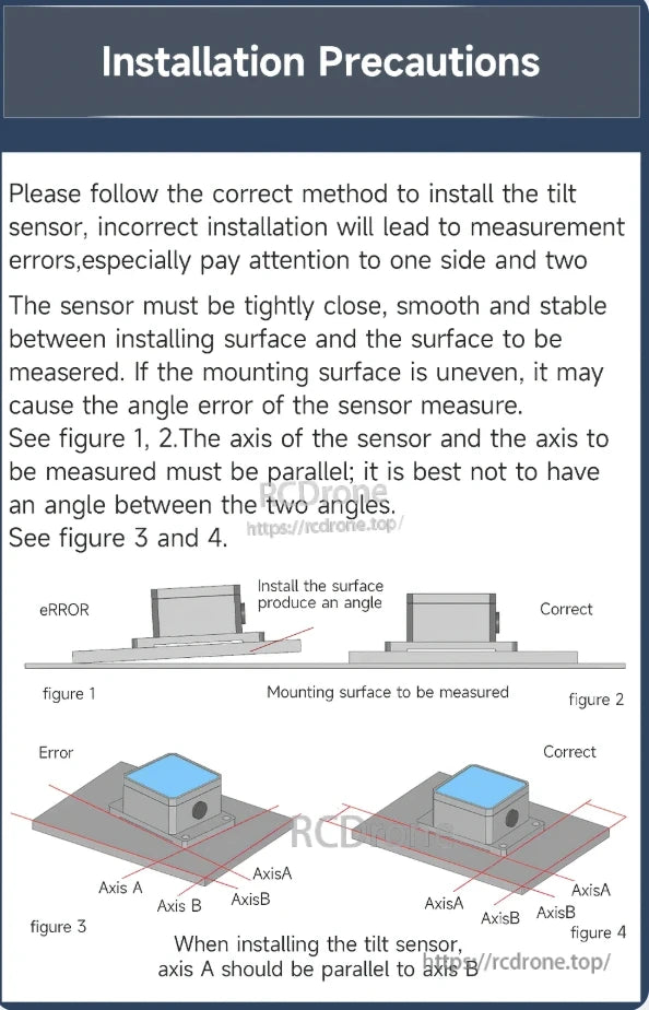 WitMotion SINDT Inclinometer, Install tilt sensor correctly to avoid errors. Ensure tight, smooth contact and parallel alignment. Improper mounting causes inaccuracies—refer to figures for setup.