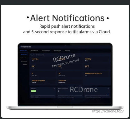 Receive instant alerts and 5-second tilt alarms via cloud; monitor real-time data including accelerometer, temperature, and firmware.