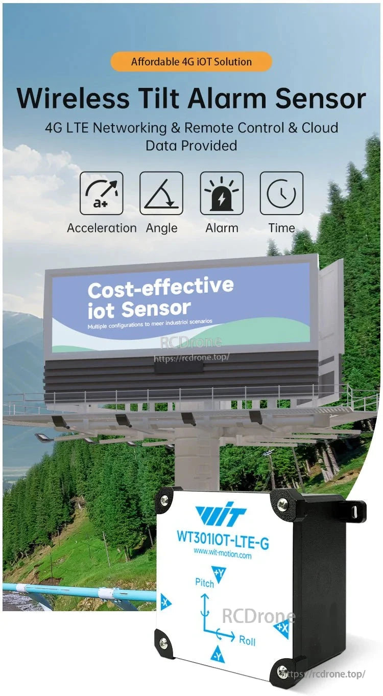 Affordable 4G IoT solution with LTE, tilt sensor, cloud monitoring, IP67 protection, long battery life, and accelerometer/inclinometer for industrial use.