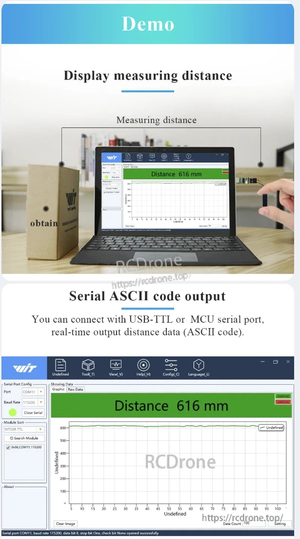 WitMotion WT53D 4 m Laser Distance Sensor, WitMotion WT53D laser sensor measures up to 4 meters, displays real-time distance on a laptop, outputs ASCII data via USB-TTL or MCU serial port, shows 616 mm with graph visualization.