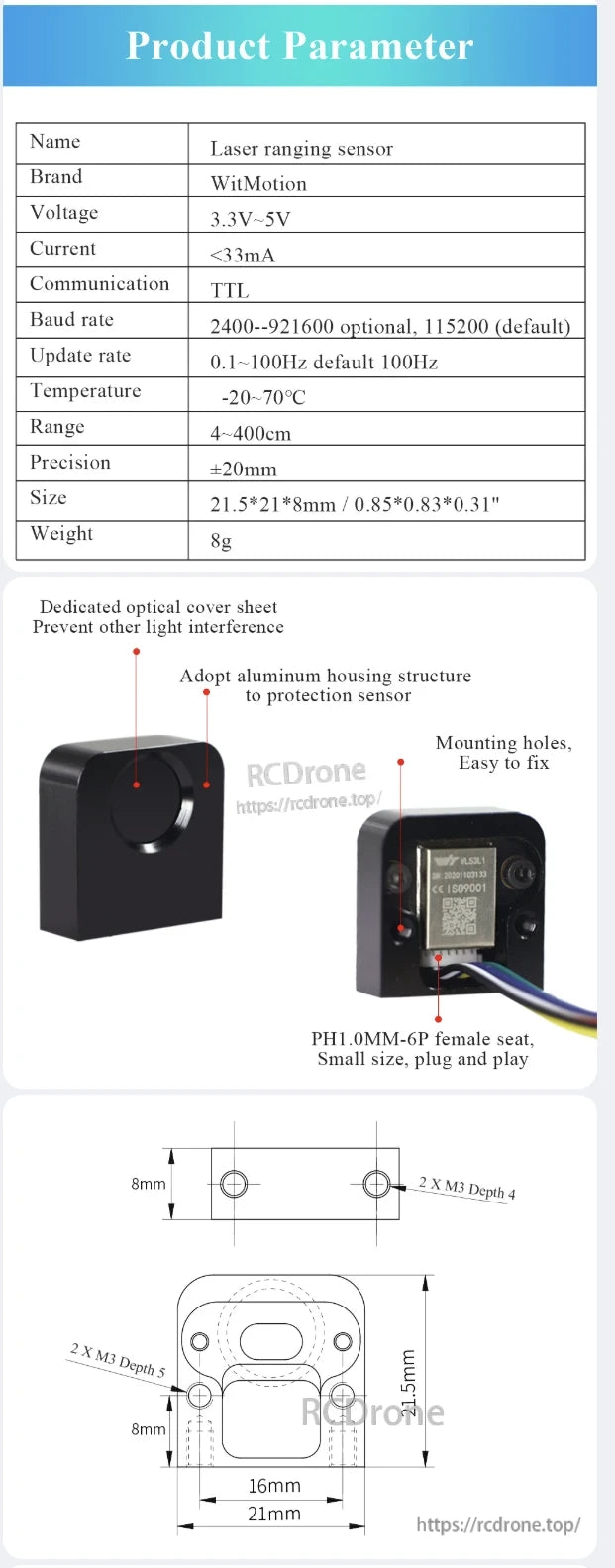 WitMotion WT53D 4 m Laser Distance Sensor, WitMotion WT53D laser sensor: 3.3V-5V, <33mA, TTL, 4-400cm range, ±20mm precision, 8g, aluminum housing, PH1.0MM-6P connector, mounting holes, optical cover.