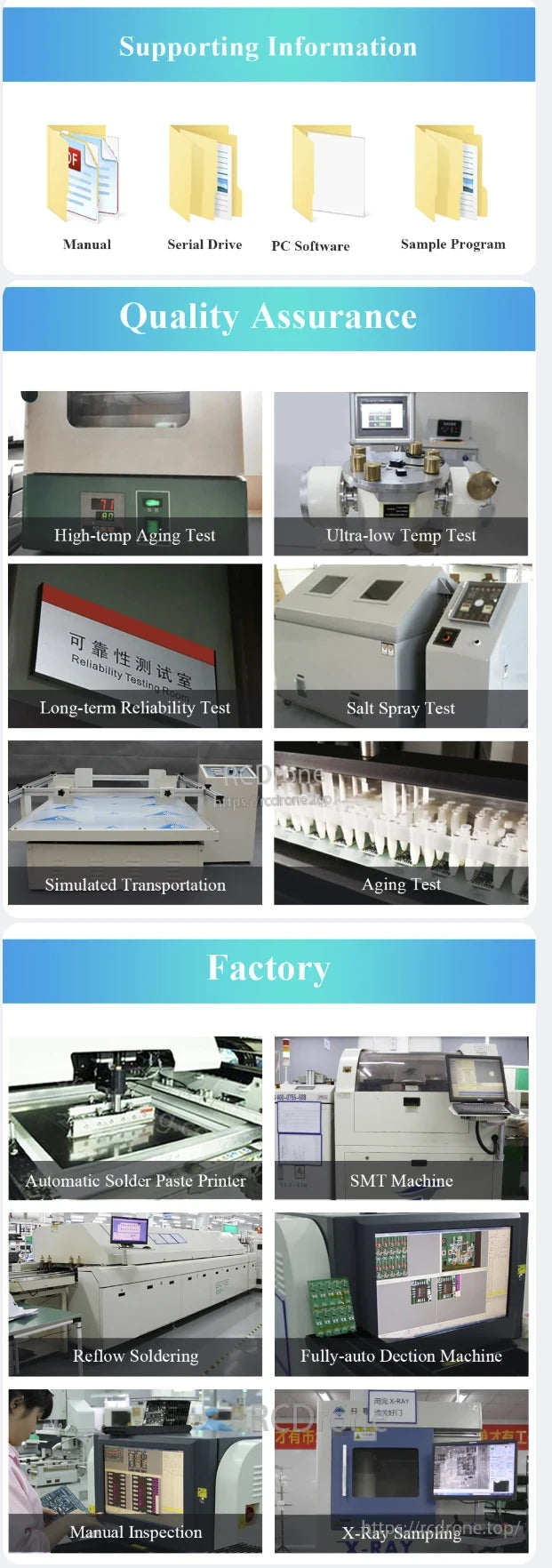 WitMotion WT53D 4 m Laser Distance Sensor, Supporting Information includes Manual, Serial Drive, PC Software, and Sample Program. Quality Assurance involves High-temp Aging, Ultra-low Temp, Reliability, Salt Spray, Transportation Simulation, and Aging Tests. Factory equipment includes Solder Printer, SMT Machine, Reflow Soldering, Auto Detection, Manual Inspection, and X-Ray Sampling, ensuring reliability and precision.
**Word count: 25**