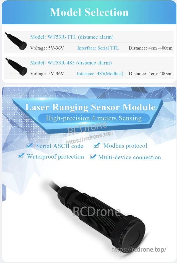 WitMotion WT53R Laser Distance Sensor, The WitMotion WT53R is a high-precision 4-meter laser sensor with TTL or Modbus interfaces, supporting 5V–36V, offering waterproofing, multi-device connectivity, and reliable performance for accurate distance measurement.
