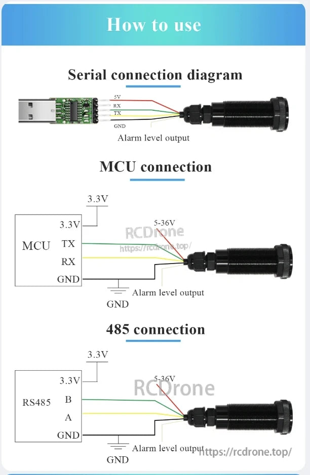 WitMotion WT53R Laser Distance Sensor, WitMotion WT53R guide: serial, MCU, RS485 interfaces, voltage, and signal details for laser distance sensor connections.