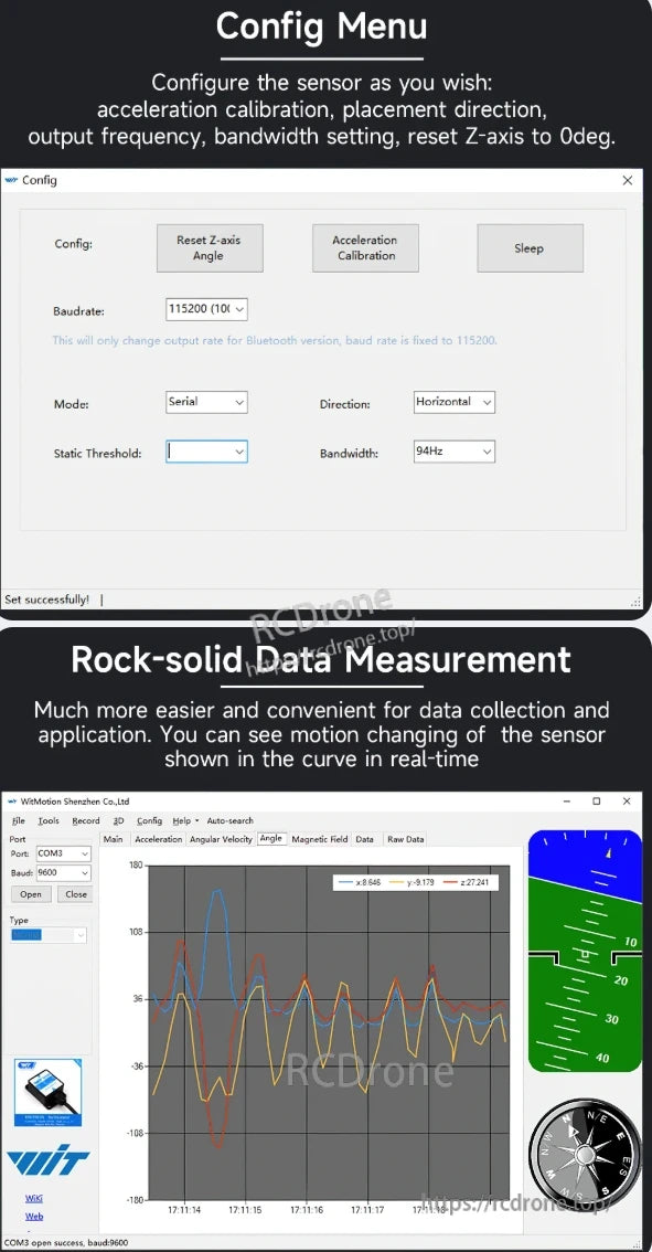 Configurable sensor with calibration, direction settings, real-time data, Z-axis reset, adjustable bandwidth, and live motion display for accurate monitoring.