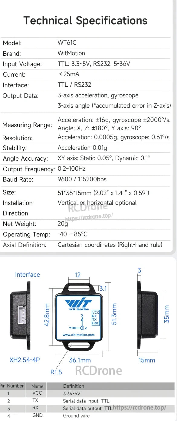 The WitMotion WT61C sensor provides 3-axis acceleration and gyroscope with ±16g/±2000°/s range, 0.0005g resolution, TTL/RS232 interface, 9600/115200bps baud rate, operates from -40°C to 85°C, and measures 51.3×36.1×15mm.