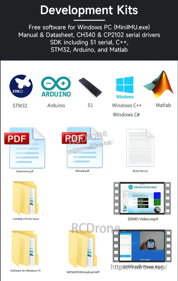 Development Kits for WitMotion WT61C include software, drivers, and documentation for STM32, Arduino, Windows, and Matlab. They feature SDKs, manuals, datasheets, demo videos, and Android app support.