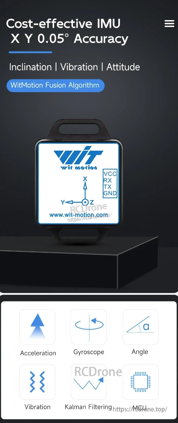 Affordable IMU with 0.05° accuracy, offering inclination, vibration, and attitude sensing via WitMotion Fusion Algorithm, featuring Kalman filtering and MCU functions.