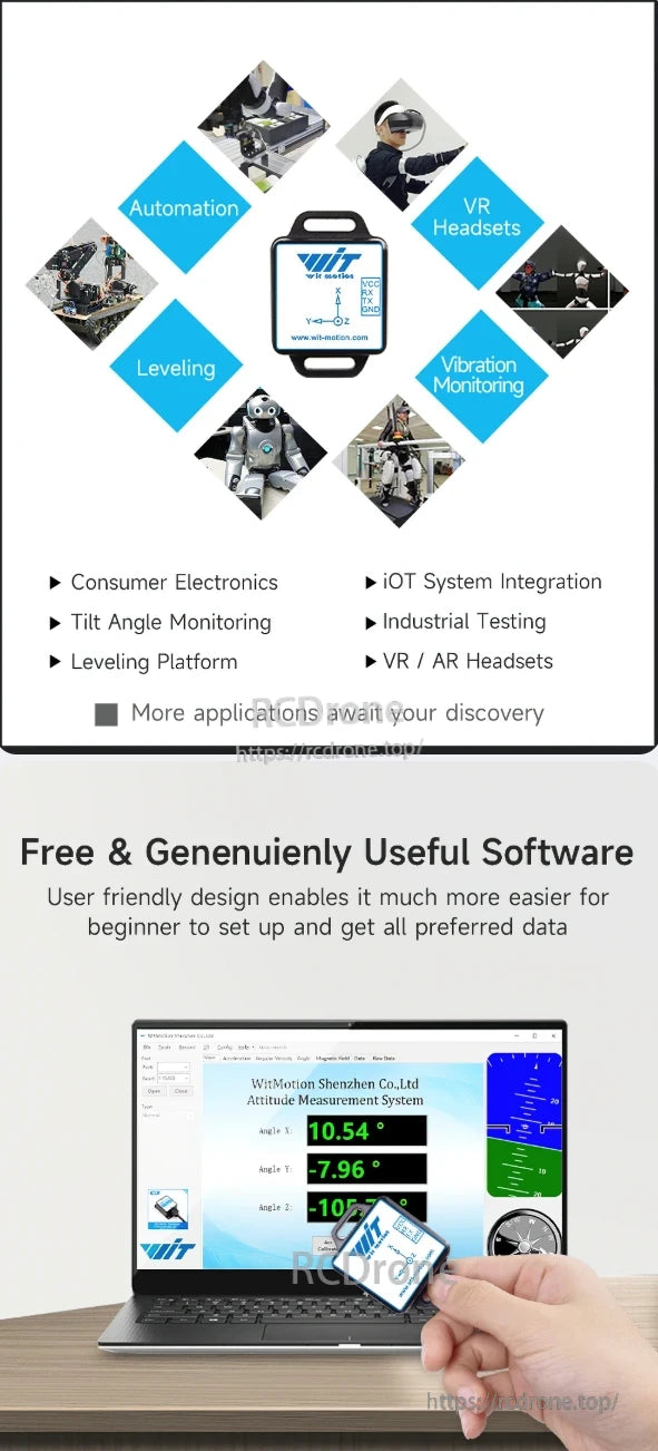 The WitMotion WT61C accelerometer sensor supports automation, VR headsets, leveling, and vibration monitoring, offering free software for easy setup and real-time data display across various applications.