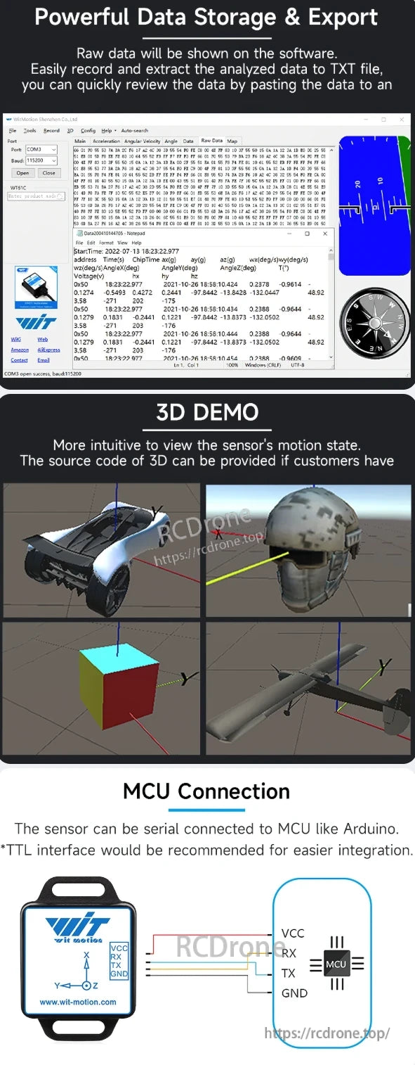 The WitMotion WT61C provides accurate motion sensing, TXT data export, 3D visualization, and easy MCU integration through a TTL interface.