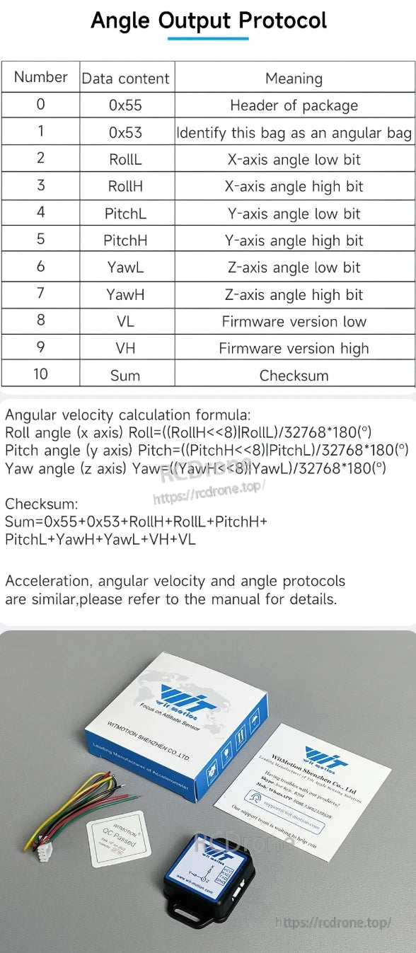 The WitMotion WT61C sensor provides angle output (roll, pitch, yaw), firmware version, checksum, formulas, documentation, cables, and QC label.