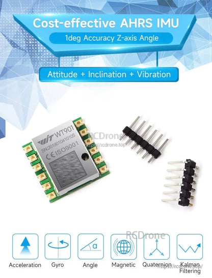 Affordable AHRS IMU with 1° Z-axis accuracy. Offers attitude, inclination, vibration sensing. Includes acceleration, gyro, angle, magnetic, quaternion, Kalman filtering. WT901 model, 3.3–5V, TTL/I²C.