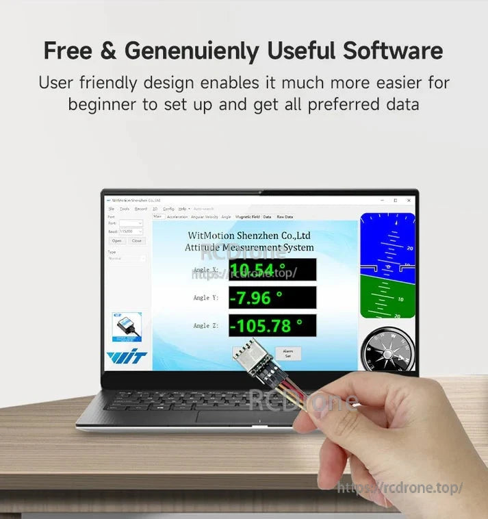 Free, user-friendly software simplifies drone setup for beginners, displaying real-time X, Y, Z angles from WitMotion's IMU system.