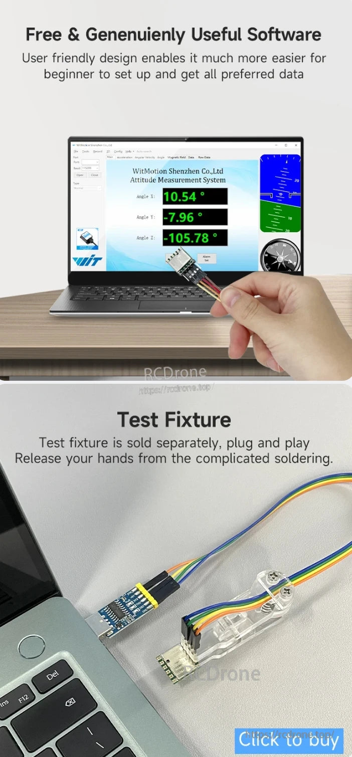 WitMotion WT901 Accelerometer, Free, user-friendly software offers easy setup and real-time angle data (X:10.54°, Y:-7.96°, Z:-105.78°) via USB-connected test fixture, no soldering required.