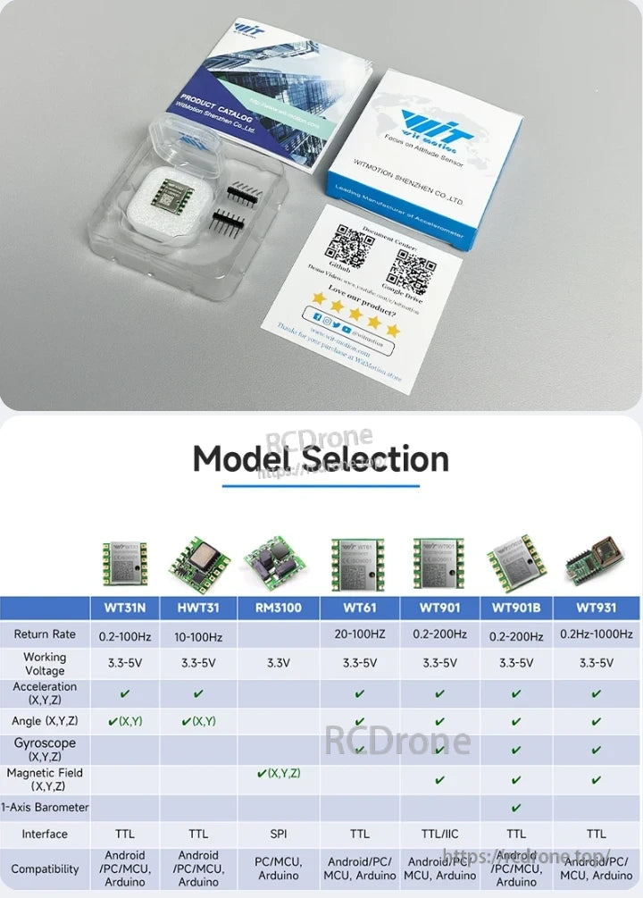The WitMotion WT901 accelerometer features a 0.2–200Hz refresh rate, 3.3–5V voltage, and supports multiple sensors via TTL/IIC for various platforms.