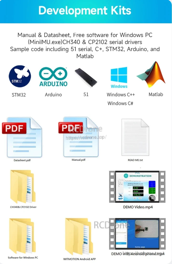 WitMotion WT901 Accelerometer, Development Kits include manuals, software, drivers, sample code, and files like PDFs, videos, and an Android app.