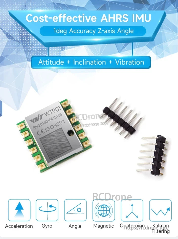 WitMotion WT901 Accelerometer, Affordable AHRS IMU with 1° Z-axis accuracy, providing attitude, inclination, vibration, acceleration, gyro, angle, magnetic, quaternion, and Kalman filtering.