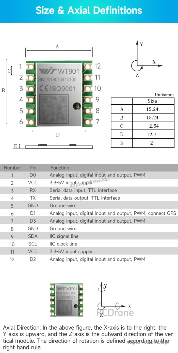 The WitMotion WT901 accelerometer measures 15.24×15.24×2.54 mm, features 12 pins for various I/O options, and defines axial directions using the right-hand rule with X, Y, Z axes.
