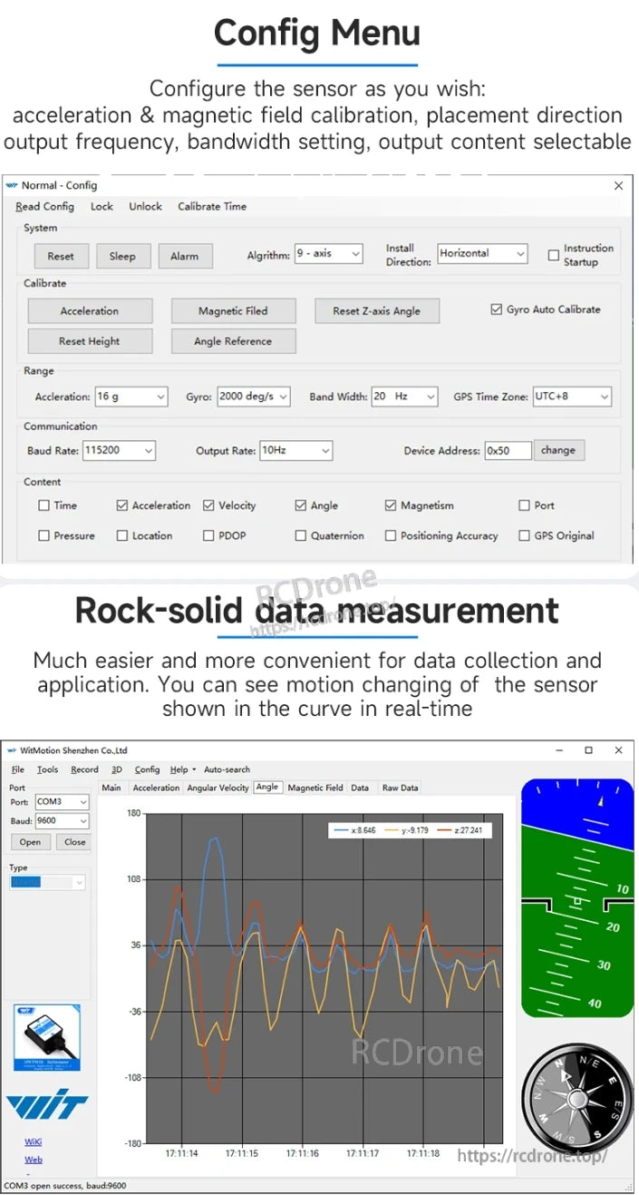 The WitMotion WT901 accelerometer features a config menu for calibration, range, communication, and settings, with real-time data visualization for motion tracking.