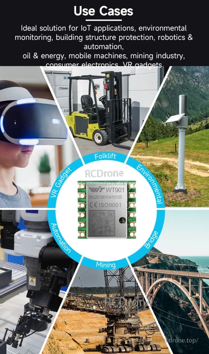 WitMotion WT901 accelerometer used in IoT, environmental monitoring, robotics, automation, energy, mining, VR, and bridge protection.