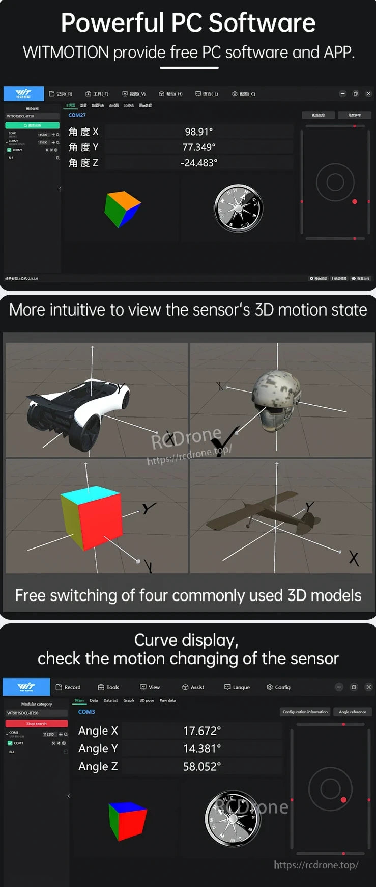 WitMotion WT901 Accelerometer Logger, WitMotion provides free PC software and app for WT901 accelerometer logger, featuring 3D motion visualization, real-time angle display, and curve tracking for sensor analysis.