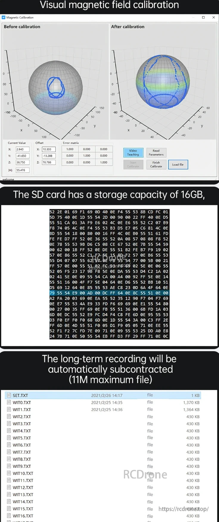 WitMotion WT901 Accelerometer Logger, Visual magnetic field calibration before/after, 16GB SD card, long-term recording up to 11M files, including SET.TXT and WIT series logs with timestamps and sizes.